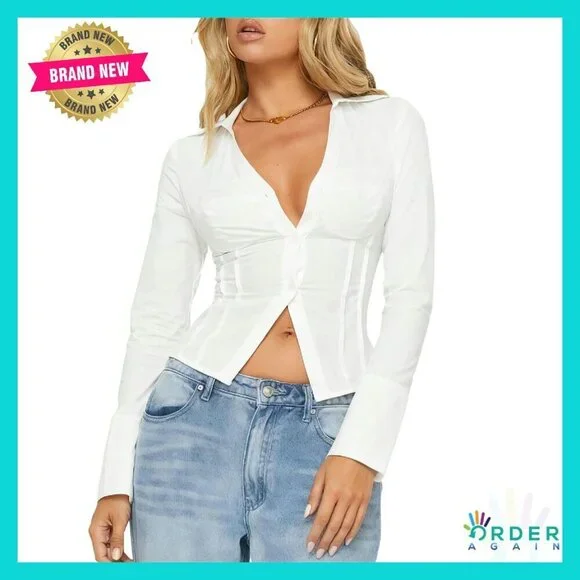 Y2K Slim Fit Button Up Shirt Long Sleeve V Neck Crop Blouse Preppy Streetwear
