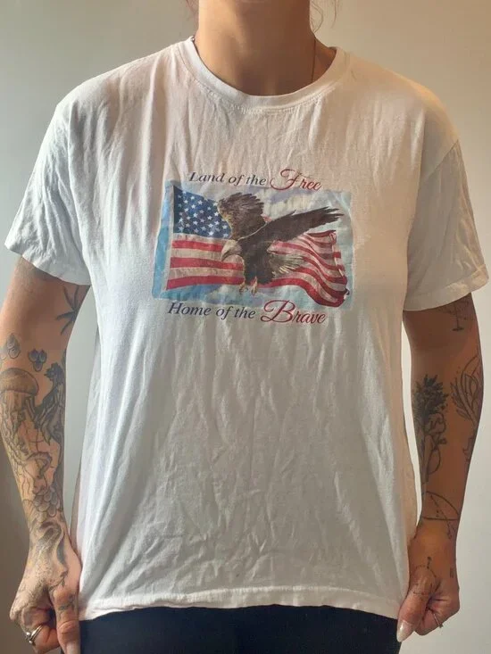 Women's Large American Flag T-Shirt Land of The Free Home of the Brave