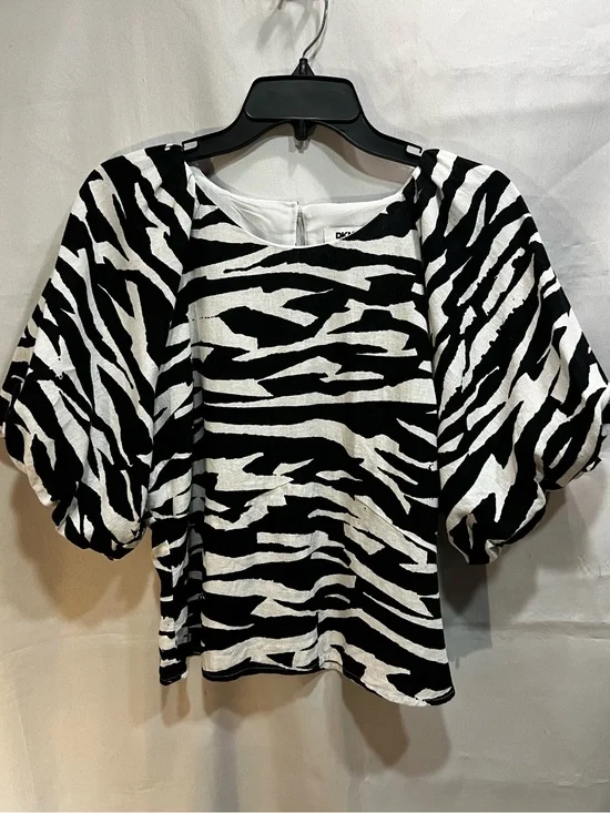 DKNY Linen Blend Black and White Zebra Puff-Sleeve Blouse Size L
