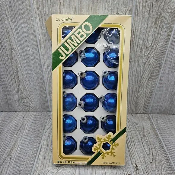 Vintage Pyramid Jumbo Blue‎ Glass Christmas Ornaments Set 18 USA Box Tree Decor