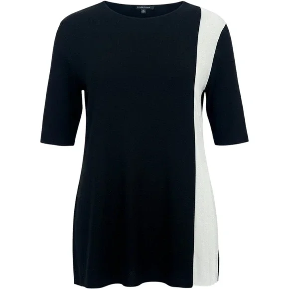 Eileen Fisher Black White Tunic Mini Dress Blouse 3/4 Sleeve Knit Career Cozy M