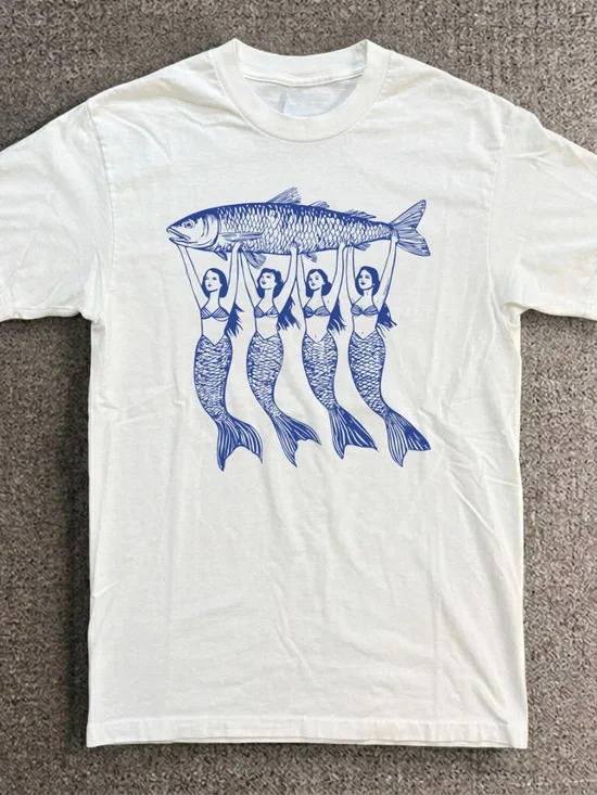 Gildan White Tee with Blue Mermaid Quartet & Fish Graphic