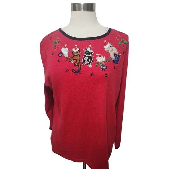 Bon Worth Womens HOLIDAY Knit Top Small Red Knit party CATS Appliqués Beaded