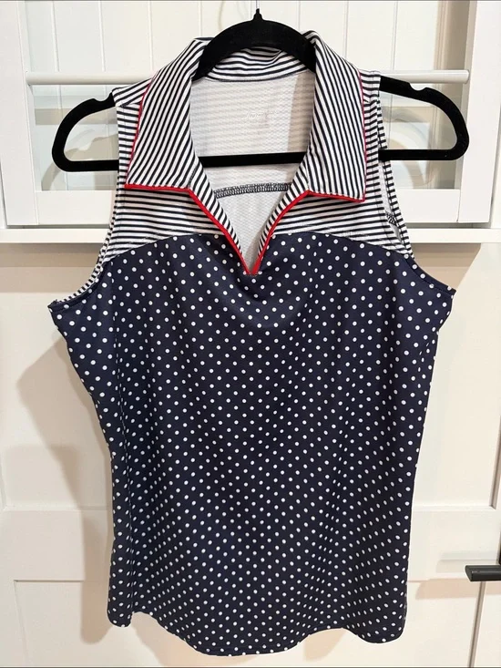 Jofit Navy Polka Dot & Striped Golf Tank with Red Trim