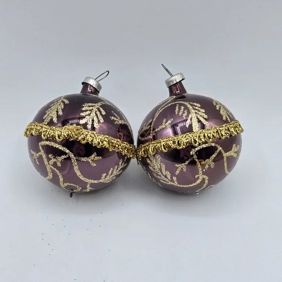 2 Vtg Glass Ball Christmas Ornaments Purple Gold Hand Blown‎ Unique