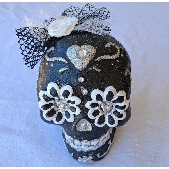 Ashland Day of the Dead Sugar Skull Tabletop Decor Black Glitter Rhinestone