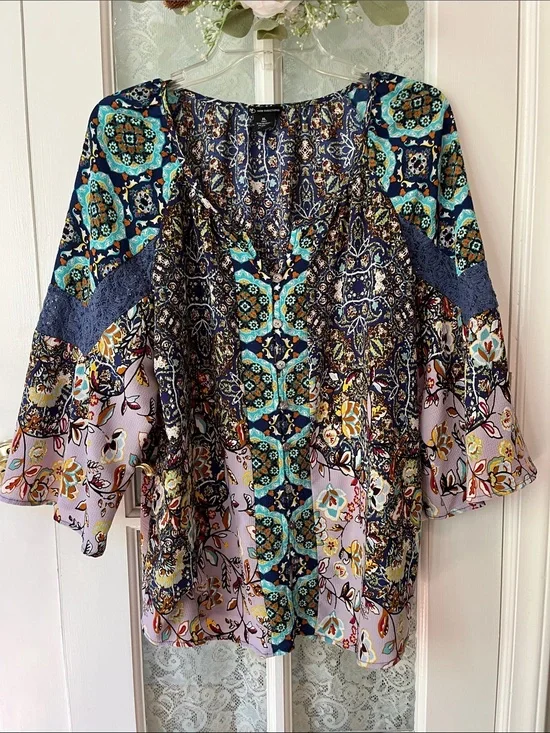 new directions Navy, Turquoise & Lilac Mixed-Print Peasant Blouse