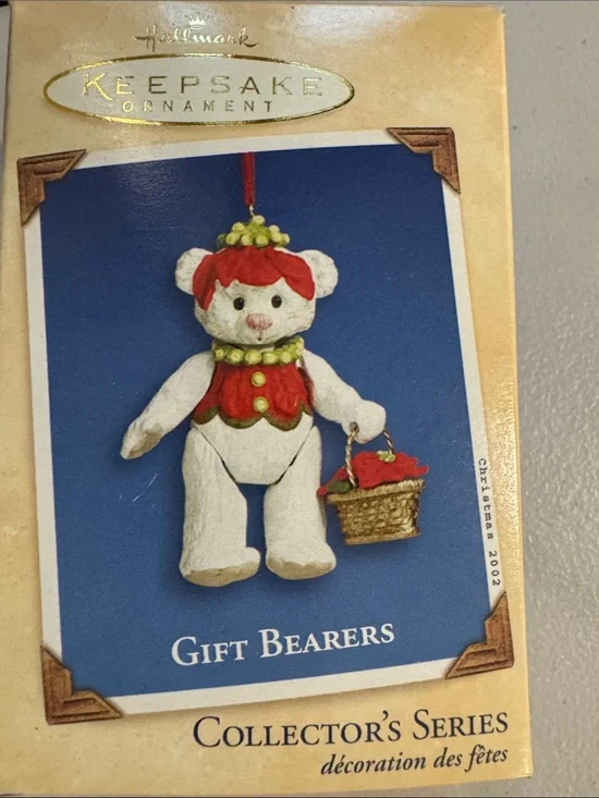 Hallmark White Bear Ornament with Red Outfit and Green Accents