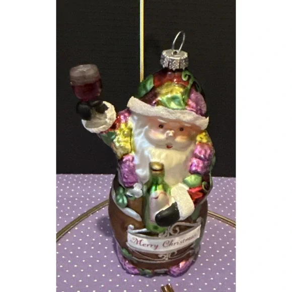 Santa Claus Wine Barrel Bottle Glass Merry‎ Christmas Tree Ornament Holiday