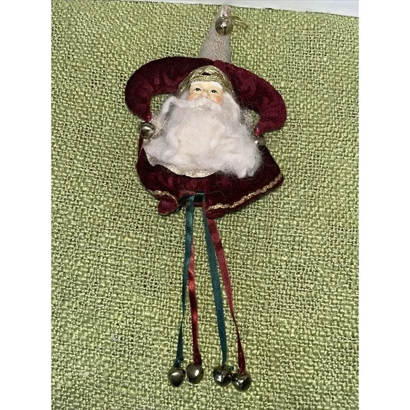 Santa Head Ornament , Velvet Jester Hat ,‎ Jingle Bells And Ribbon