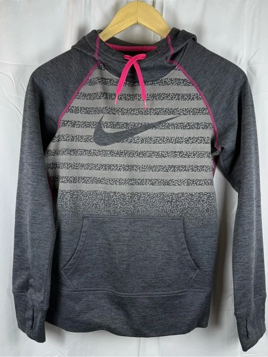 Nike Therma-FIT Gray Pink Pullover Hoodie XS Striped Swoosh Fleece