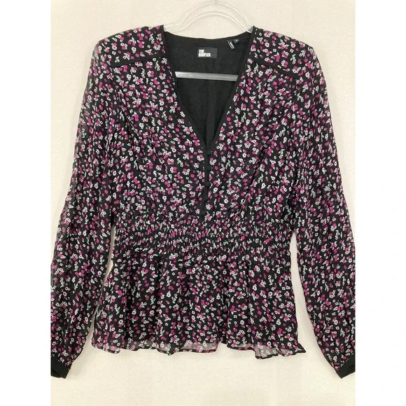 The Kooples Floral Blouse size 2 Smocked Waist V-Neck Peplum Top Feminine