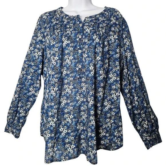 Talbots‎ Floral Pintuck Blouse Womens L Blue 100% Cotton Boho Cottagecore Spring
