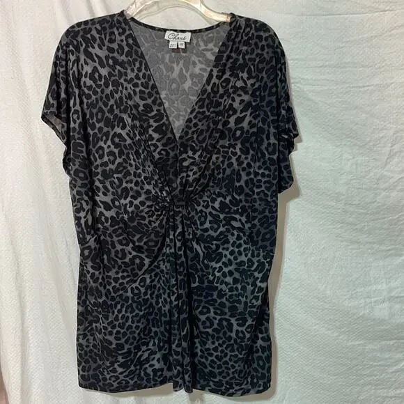 Chaus 3x black grey animal print polyester spandex top cap sleeve euc