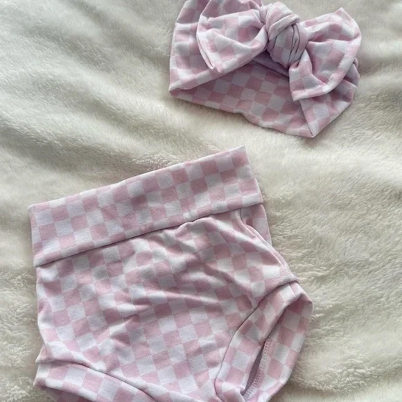 Pink Checkered Kids Headband and Shorts Set