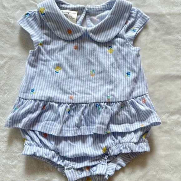 Striped Blue Baby Romper with Floral Accents