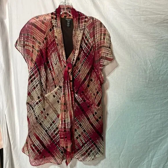 Nine West 22w 💯silk cap sleeve lined blouse bias cut plaid neckline bow euc