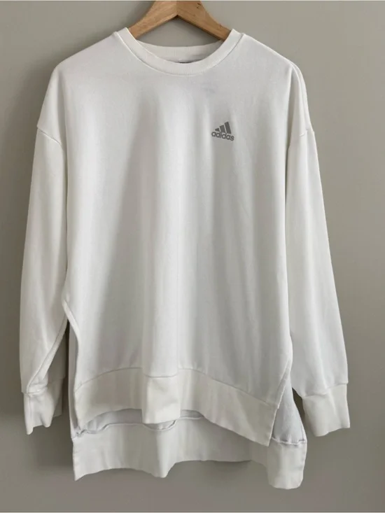 Adidas Crewneck Pullover Sweatshirt Side Split Stripe Logo White Silver Medium