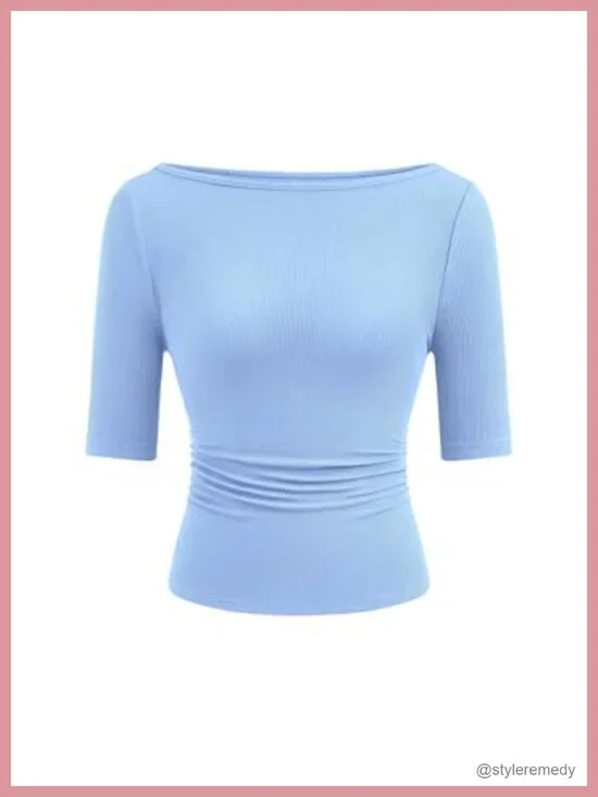 Short Sleeve Boat Neck Ribbed Knit Slim Fit T-Shirt Women's Basic Top
