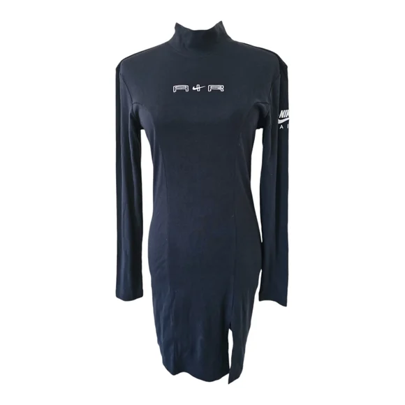 Nike Air Black Mock Neck Long Sleeve Bodycon Dress Small – Back Zip, Thigh Slit