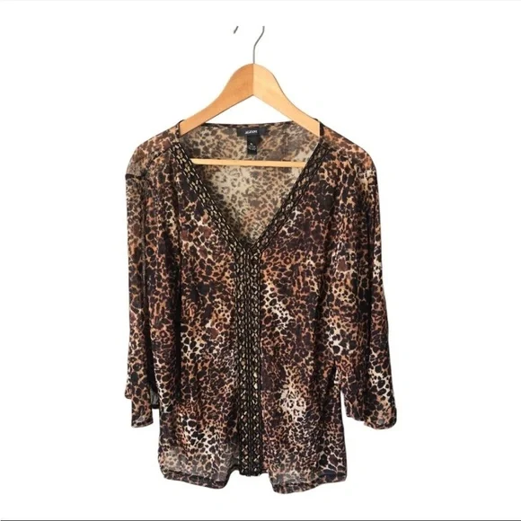 Alfani Women Blouse Size XL Animal Print Embroidery Flare 3/4 Sleeve Y2k Neutral