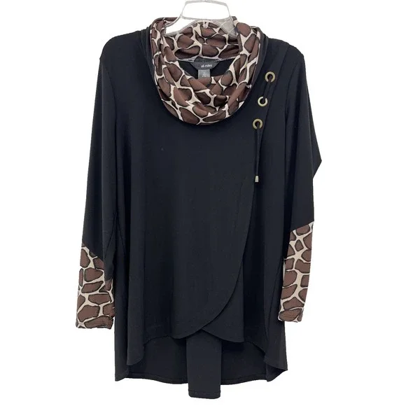 Ali Miles Tunic Top Size L Black Giraffe Print Cowl Neck Rivets