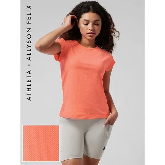 Athleta Allyson Felix Legend Fitted Tee Coral Running Shirt UPF 50+ Womens S/XS