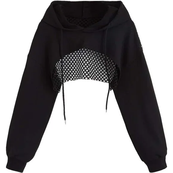 Women's Cropped Hoodie Polyester Drop Shoulder Hollow Out Pullover