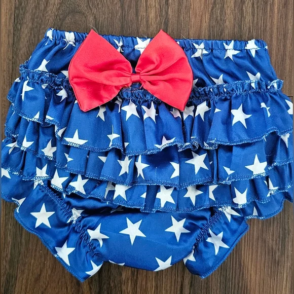 Blue Star Ruffle Bloomers with Red Bow