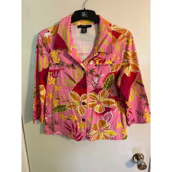 Blazer Tropical KAK TUS Creation by Cici Floral Button Down Print Pink‎ Medium