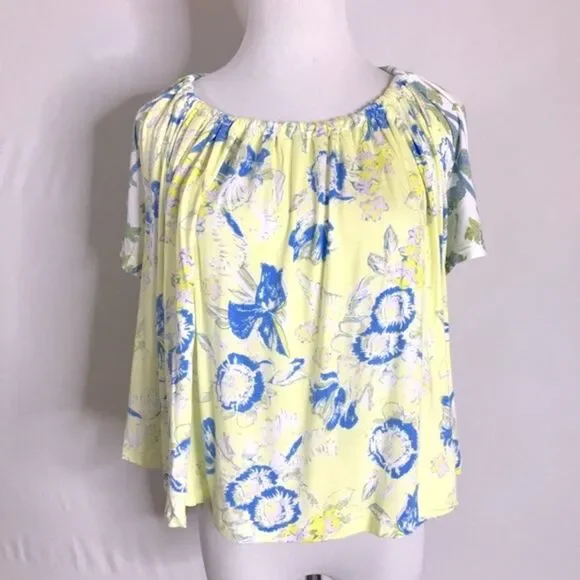 Free People Baja Babe Tee Lemon Gelato XS NWT Yellow Blue White Floral