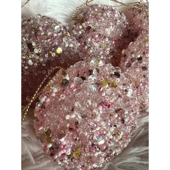 Pink Sparkly Beaded Christmas Tree Ornaments Set of 5 Gold Shimmering Baubles