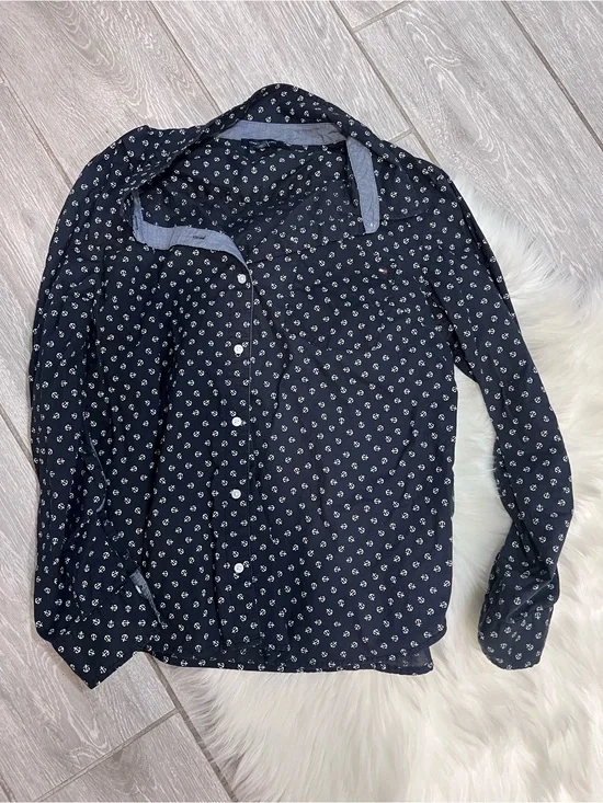 Tommy Hilfiger Navy Button-Down Shirt with White Anchor Print