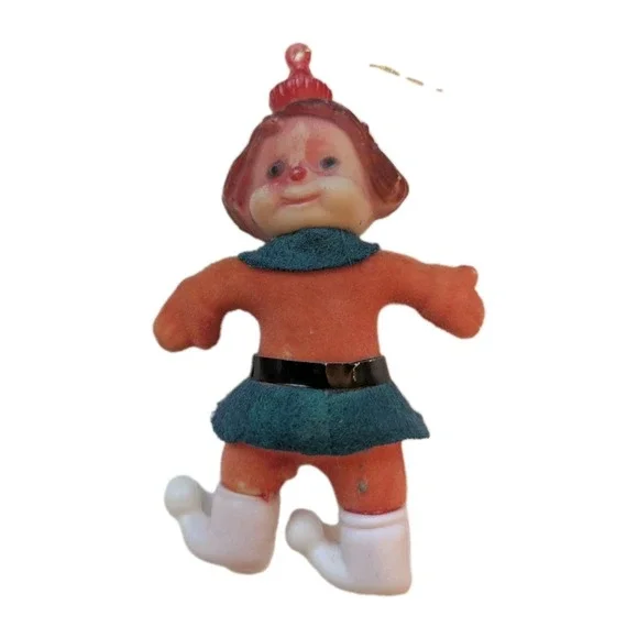 Vintage Flocked Pixie Elf Christmas Tree Ornament Brown Hair‎ Blue Eyes 4
