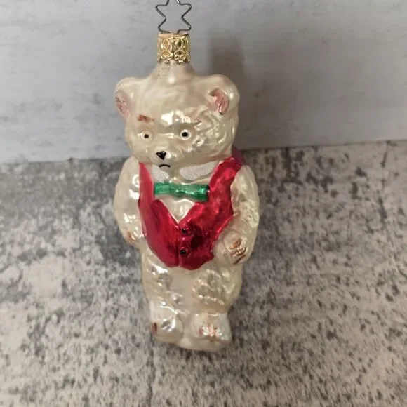 Old World Christmas Ornament Blown Glass Teddy Bear in Vest Bowtie Cute 4.5