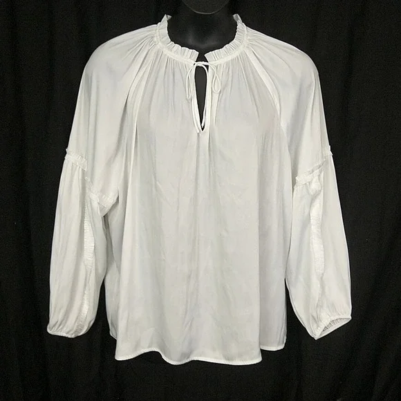 Lane Bryant Blouse Womens 18/20 White Ruffle Tie Neck Long Sleeve Peasant Top