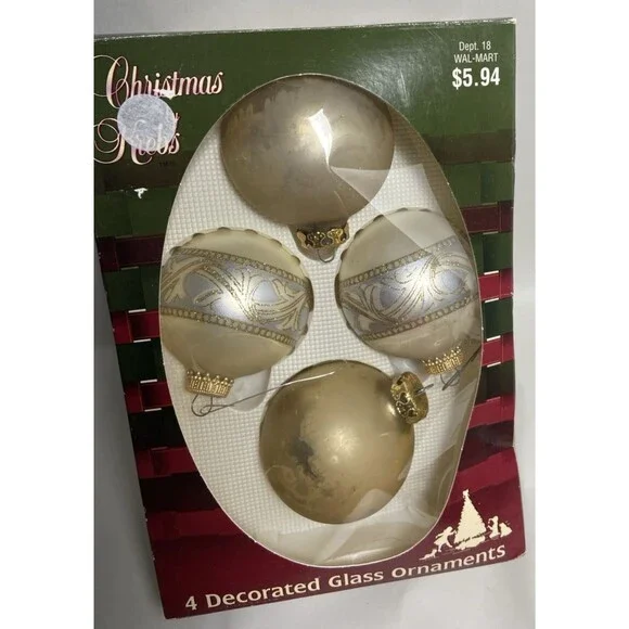 4 Vintage Gold  and Decorated Balls in Box 2.5 inch Not Perfect