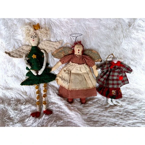 3 Rustic Primitive Christmas Tree Ornaments Angels Bunny Whimsical Folk Art