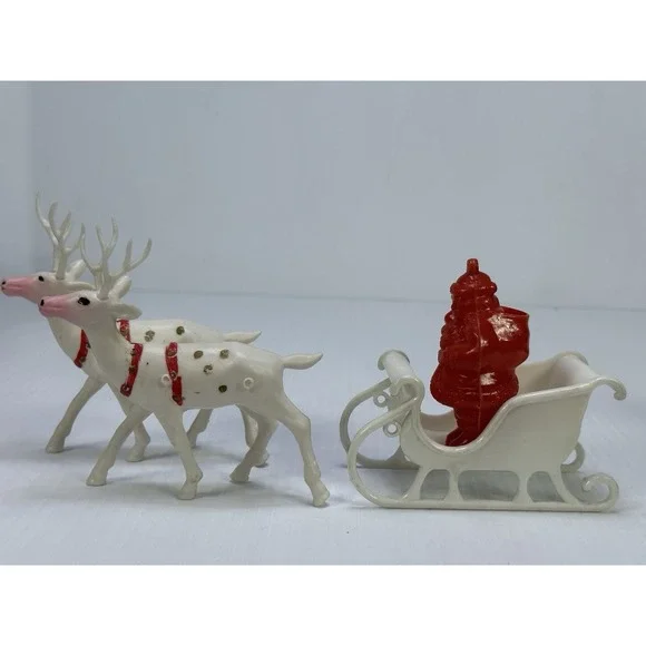 Vintage Plastic Standing Santa Claus Sleigh Pulled by Two White Reindeer
