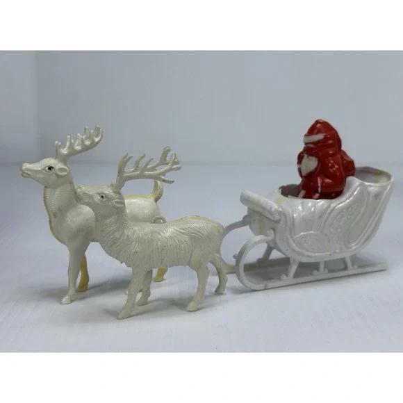 Vintage Christmas Hard Plastic Santa Sleigh Two White  Reindeer Candy Holder
