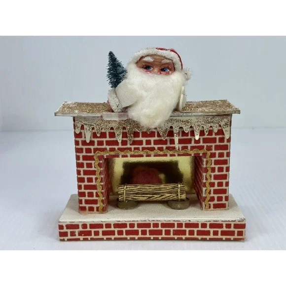 Vintage Christmas Tree Santa Claus & Fireplace Decoration Made In Japan