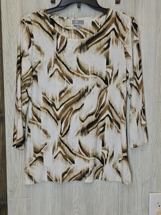 JM Collection White, Brown & Black Abstract Long-Sleeve Top