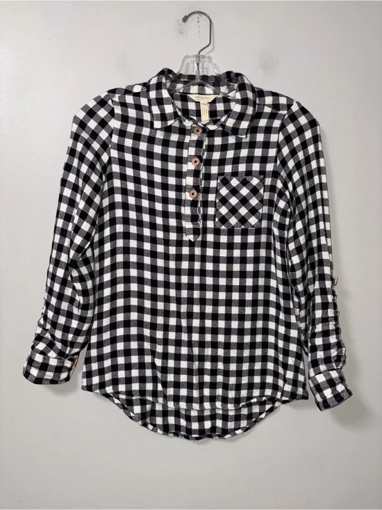 Matilda Jane Joanna Gaines Black White Buffalo Plaid Button Up XS Cottagecore