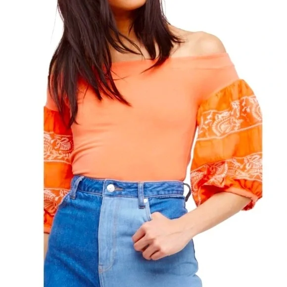 Free People Rock with It Tangerine Off Shoulder Puff Sleeve Top - PRICE DROP