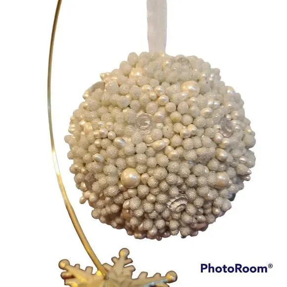 Faux Pearl Ornament Crystal Shimmer Bead Encrusted Oversize With Tulle Ribbon