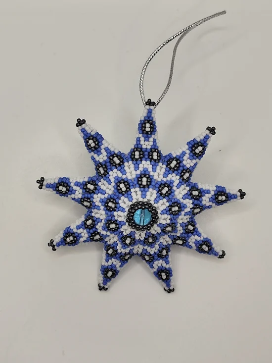 Beaded Starburst Ornament in Blue, White & Black - Holiday Hanging Decoration