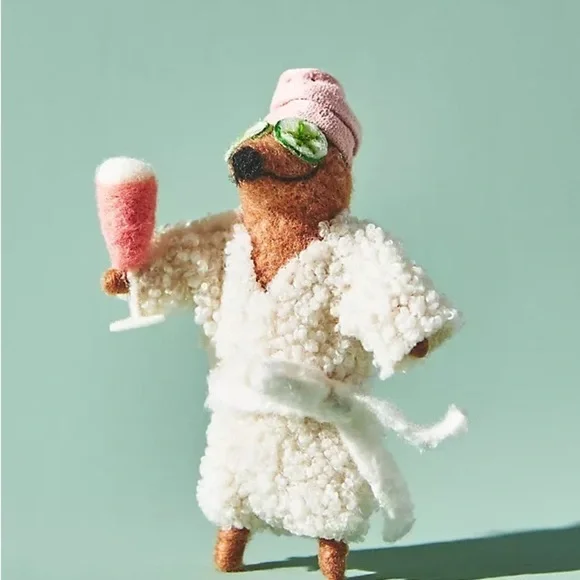 Anthropologie Pampered Pet Ornament New Plush Dog in Spa Robe with Drink