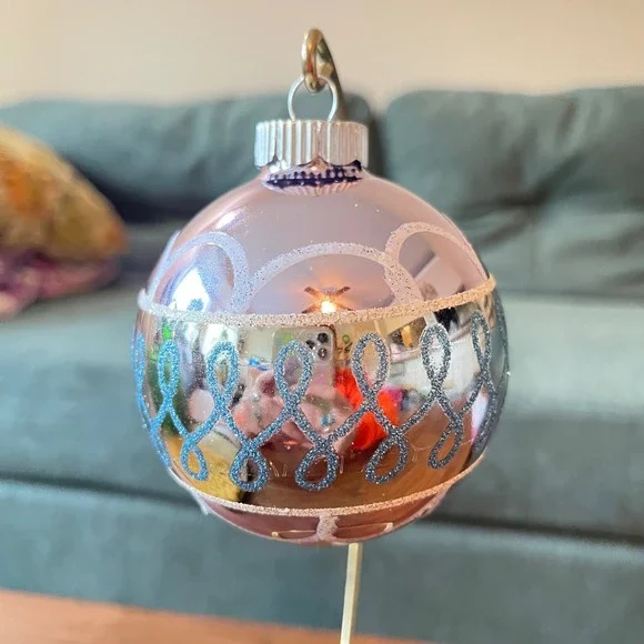 Radko Shiny Brite Glitter Stripe Ornament fantasia Ball pink‎ blue silver flower