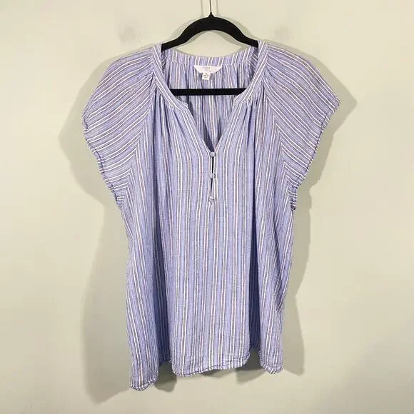 Time & Tru Women's Blue Striped Cap Sleeves Linen Blend Top Size XL (16-18)