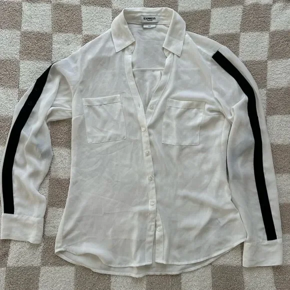 Express Portofino White Button Down Blouse Black Accents Long Sleeve